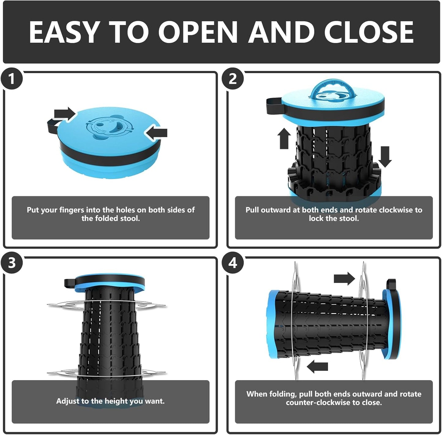Upgraded Collapsible Stool with Max Load Capacity 330lbs Portable Telescoping & Folding Design Retractable Seat for Camping, Gardening, Fishing & Outdoor Adventures (Blue)