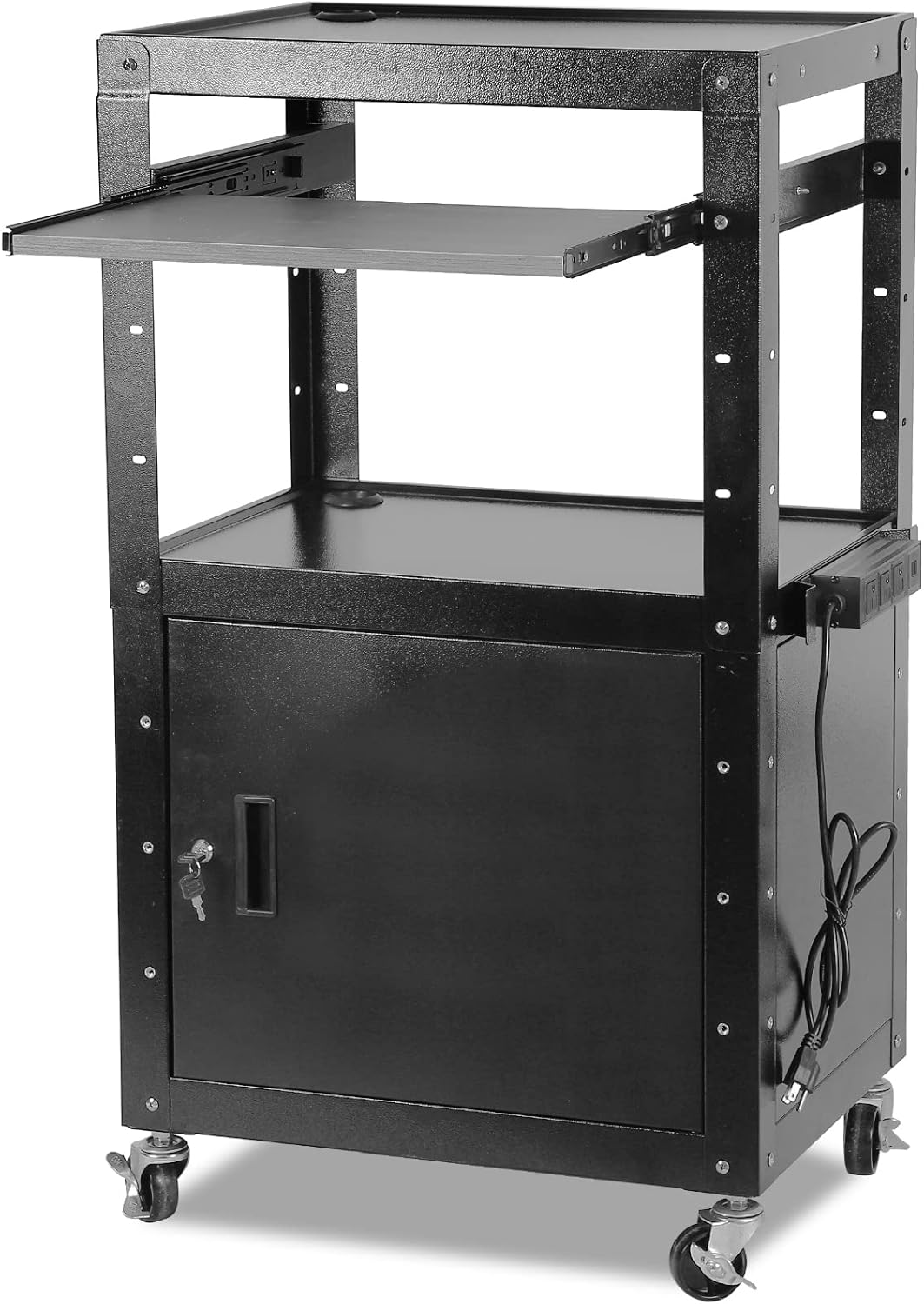 AV Carts, Rolling Presentation Cart Station, Height Adjustable Media Cart for Video Projector, TV, Printers, Computers with 1 Storage Locking Cabinet, 1 Sliding Keyboard Tray, 3 Outlets, 2 USB Ports