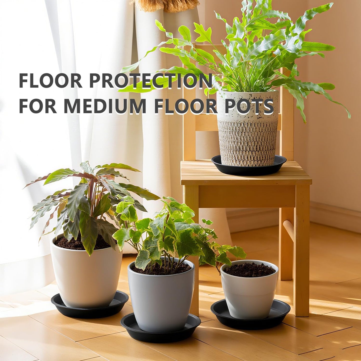 6 Pack 12-Inch Black Plant Saucer Trays, Thick PP Plastic Planter Bases for Large Pots, Strong Flower Pot Water Catcher Plates & Heavy Duty Drip Trays for Patio and Indoor Use