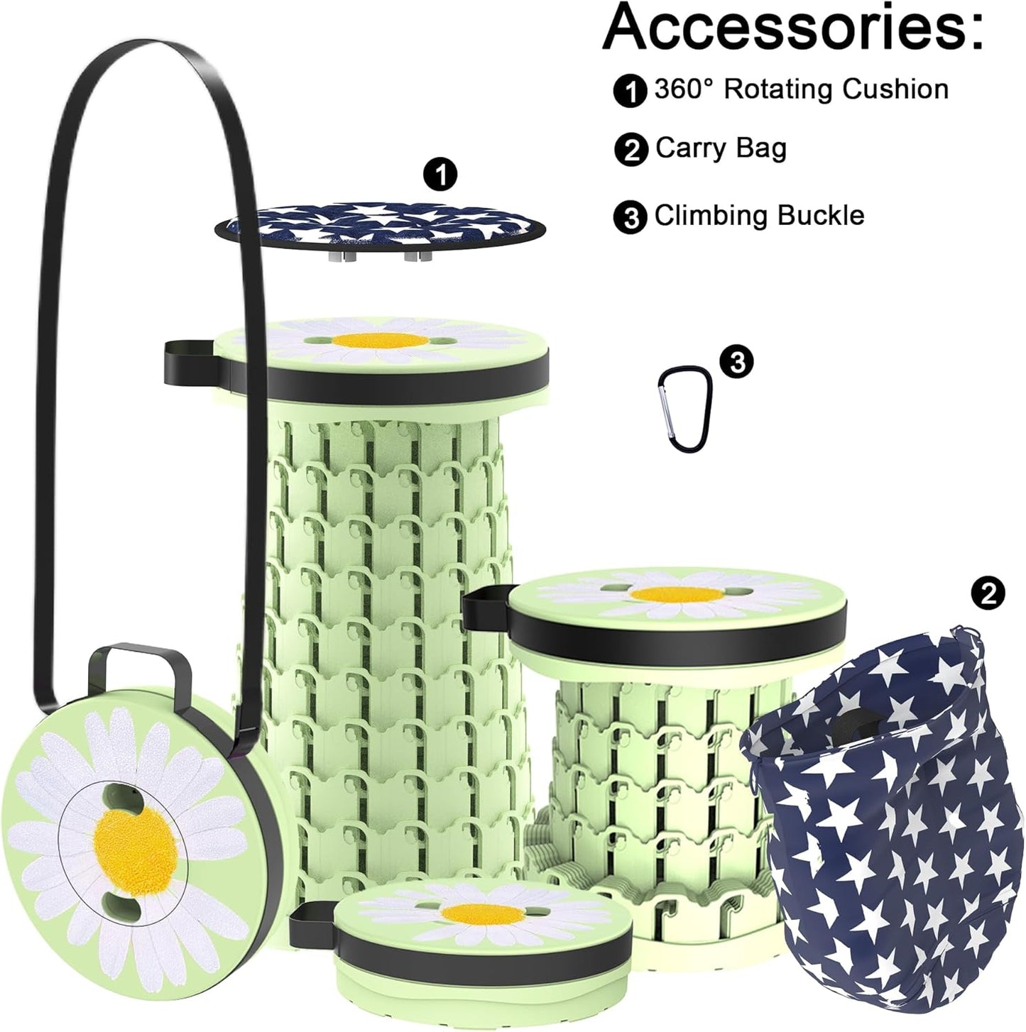 ALEVMOOM Upgraded Telescoping Collapsible Stool with Cushion, Folding Stool with Printing Portable Retractable Foldable Seat Max Load 600lbs for Adults Camping Fishing Outdoor