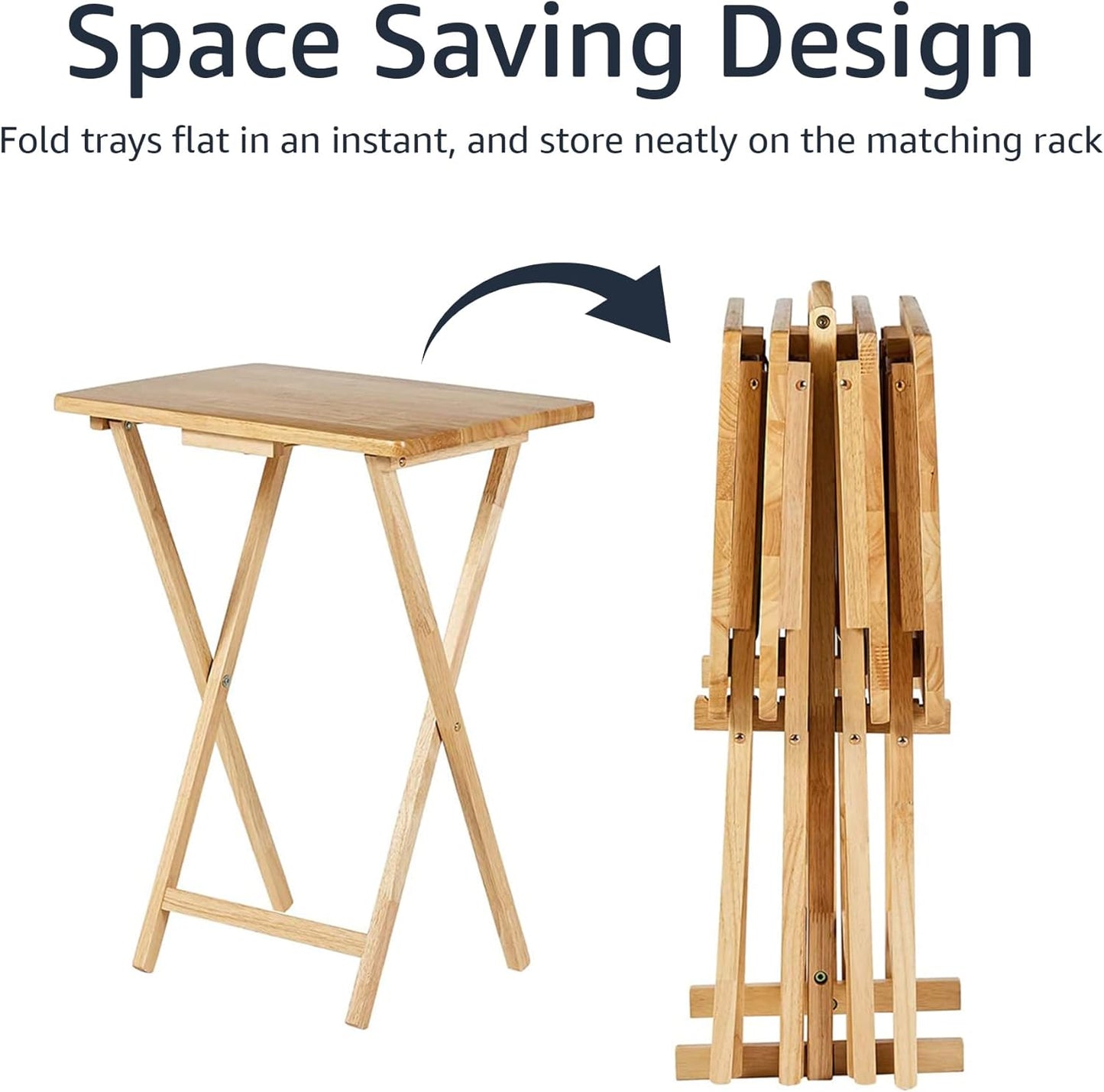 Amazon Basics Classic Foldable TV Dinner Tray Table with Storage Rack, 14.6 L x 19 W x 26 H inch, Natutral, 4-Pack