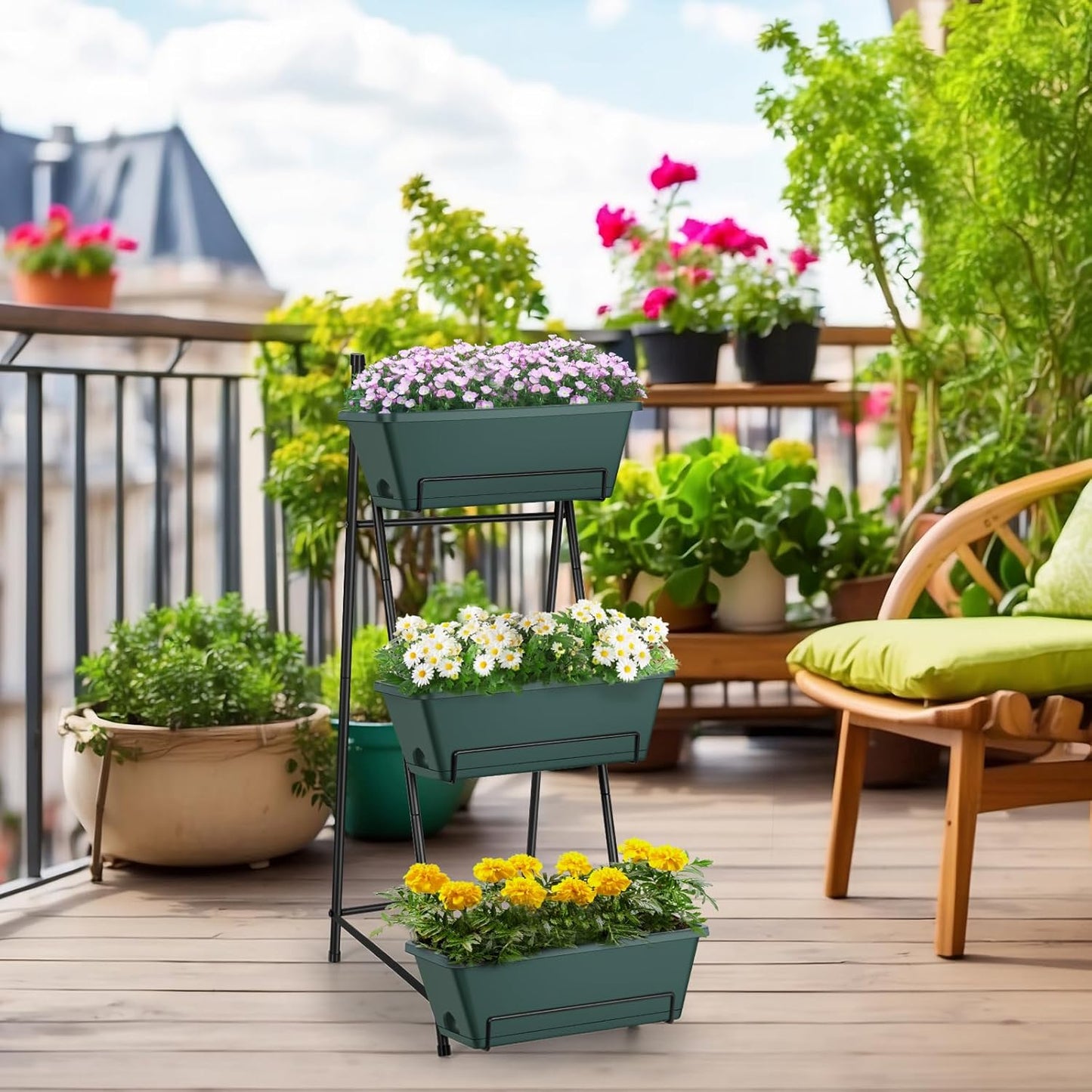 Raised Garden Bed 3 Tier Vertical Garden Planter Standing Garden Bed Planter Box Outdoor Herb Planter with Drainage Holes Removable Tray for Patio Balcony Porch Green