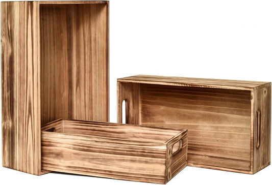 Set of 3 Wooden Boxes for Storage Small Torched Brown Wood Crates for Display and Organizing, Farmhouse Style Storage Boxes for Crafts Decor, Home Pantry and Living Room
