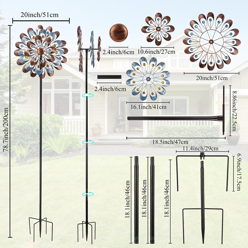 DREAMYSOUL Wind Spinner Outdoor Clearance, 20" Dia Large Metal Windmills with Blue and Copper Blades, Kinetic Wind Spinners & Sculpture for Yard and Garden