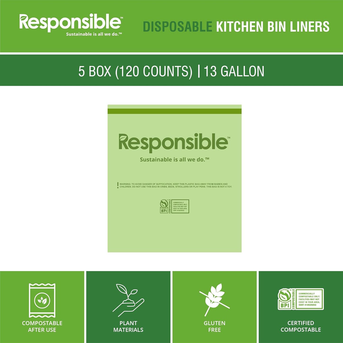 Kitchen Bin Liners, Certified Compostable, Heavy Duty Multipurpose Food Scrap Bags, Made from Compostable Materials (13 Gallon, 13 Gallon (120 Count))