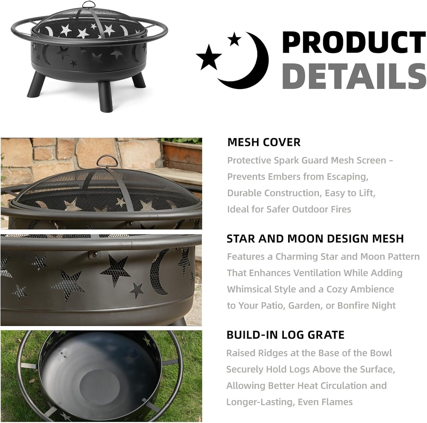 Grovelli 38" Round Wood Burning Fire Pit with Mesh Cover, Fire Poker, Star & Moon Cutouts, Metal Outdoor Firepit for Patio, Backyard, Garden, Bonfire, Camping, Christmas, Thanksgiving, Halloween