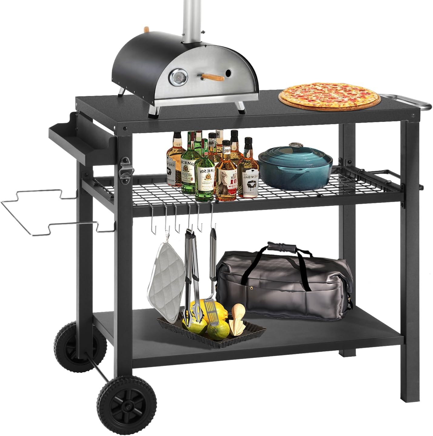 Grill Cart Table with Three Shelf, Movable Outdoor Dining Cart Pizza Oven Stand with Three Hooks, Kitchen Cart Island Multifunction Food Prep Table (Black)