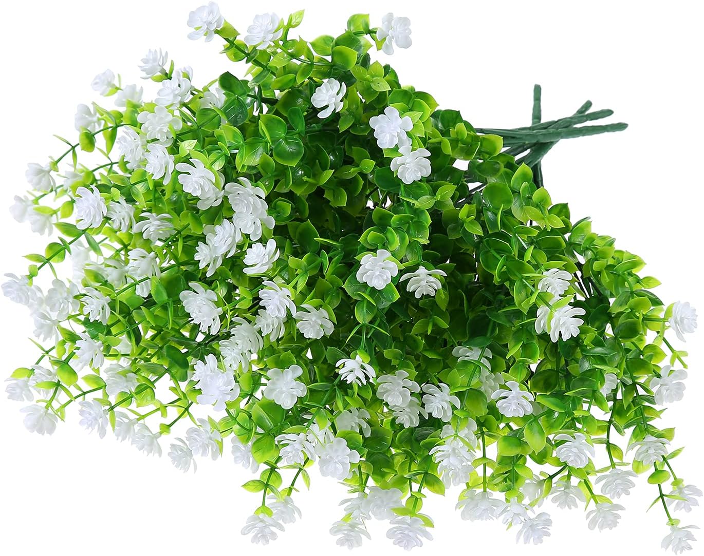 Artificial Plants Flowers Grass Shrubs 8 Pack No Fade Faux Plastic Flowers Outdoor for Vases Farmhouse Garden Porch Patio Office Indoor Wedding Decoration Greenery Fake Plants (2#White)