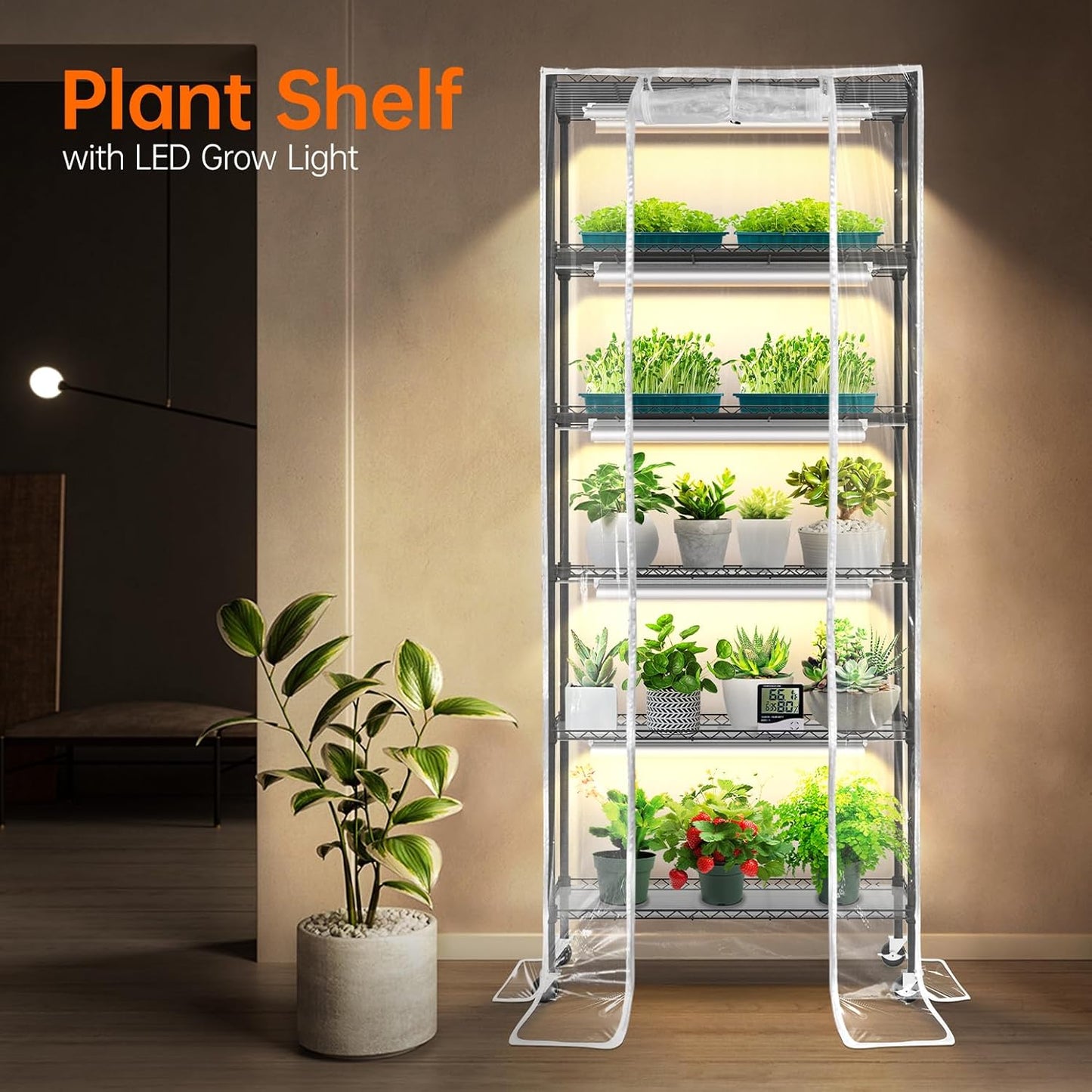 Plant Shelf with Grow Light, Grow Light Shelf with Cover and Thermometer, 6 Tier Plant Stand with Grow Light , Greenhouse with 150W Led Grow Light For Seed Starting , Tray (29.5"L×13.8"W×70"H)
