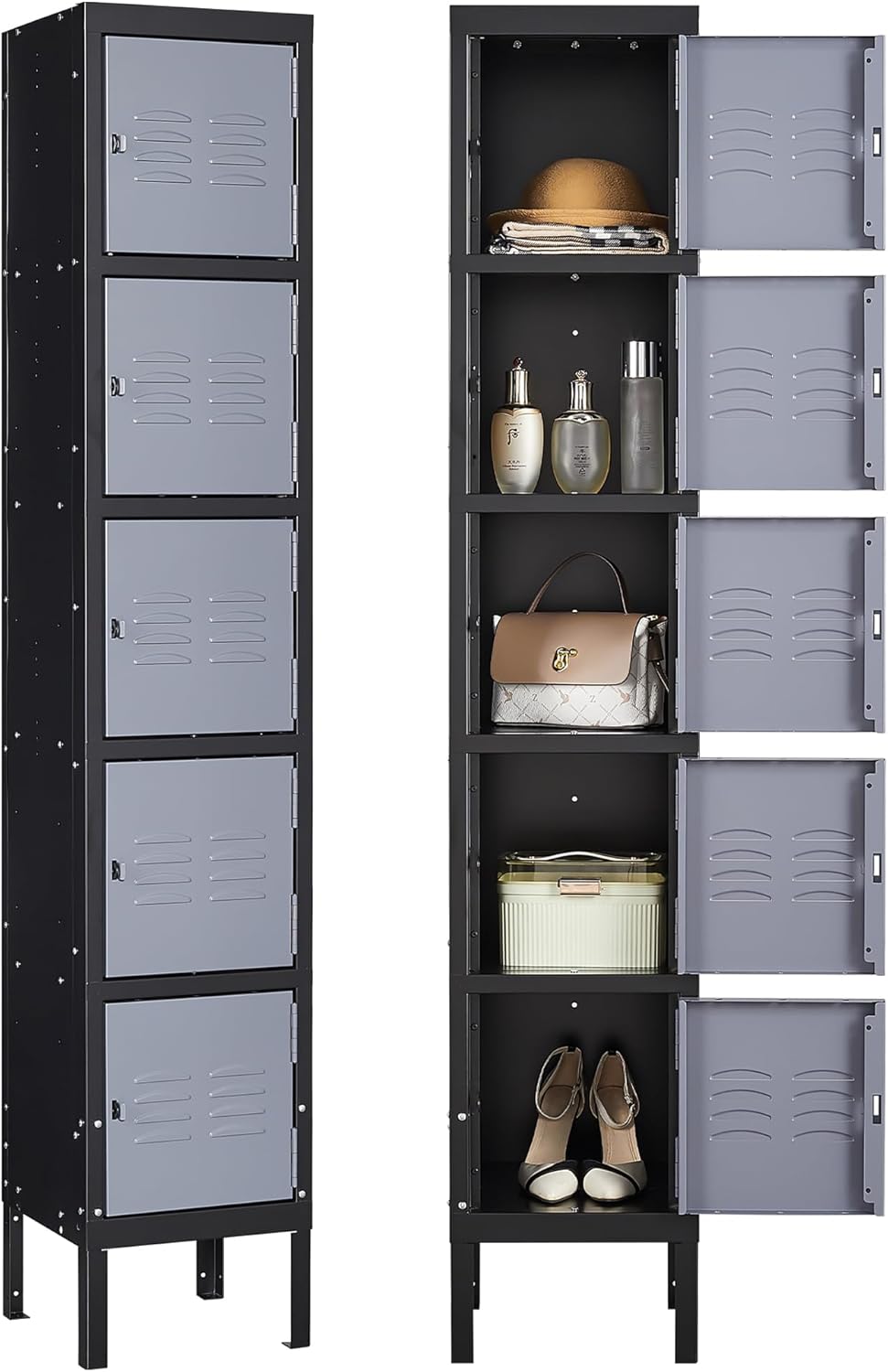 Letaya Metal Locker for Employees,5 Tiered Lockable Storage Organizer Steel Wall Lockers for Work,School,Gym,Home,Office,Staff,Kid Room (5 Door-Black Gray)