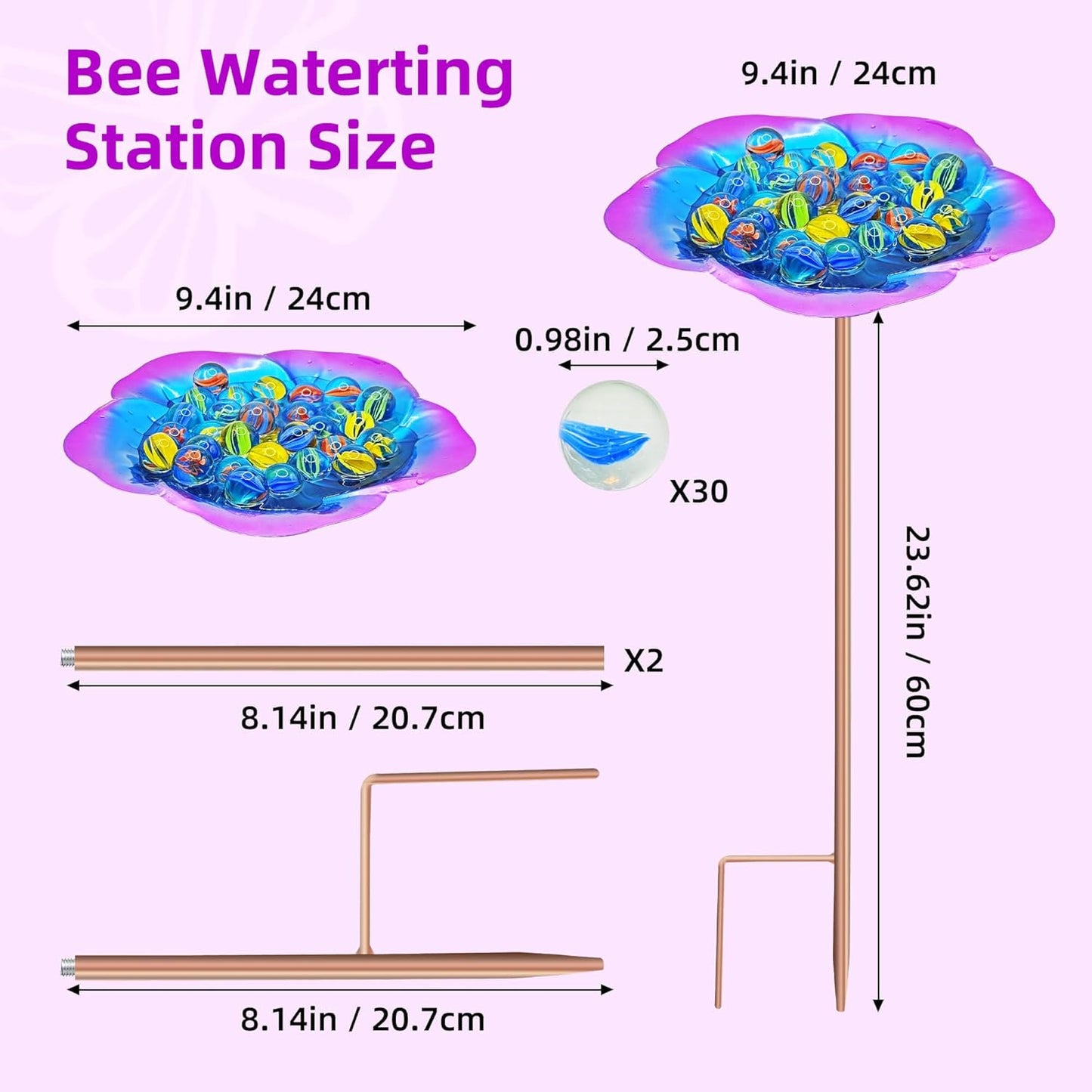 Bee Watering Station-Purple Butterfly Puddler Bee Bath & Feeder with Metal Stakes - 30 Glass Marbles, Vivid Flower Design, Garden Yard Decor (Purple-2PACK)