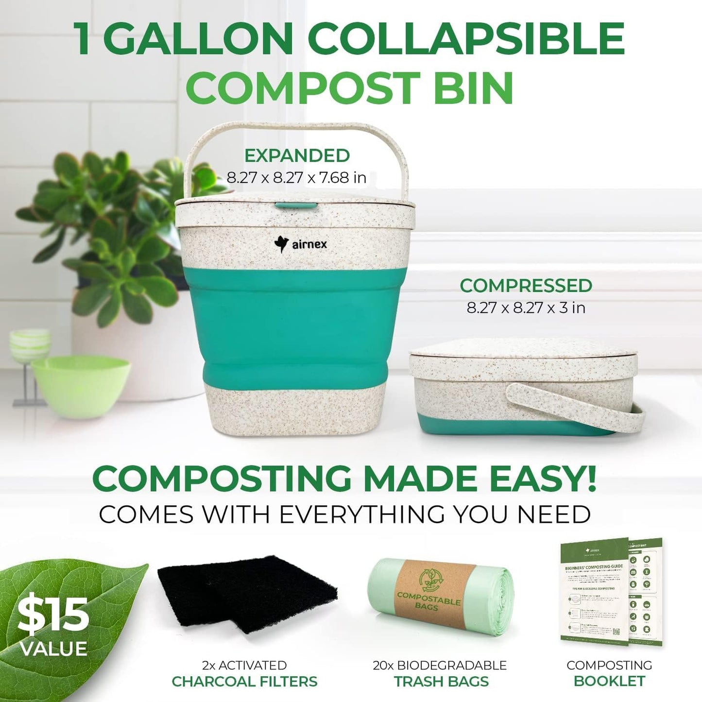 Collapsible Small Compost Bin with Lid - 1 Gallon Compost Bucket Food Waste Caddy Made of Wheat Straw - Odorless Counter Top Compost Bin for Kitchen with 20 Compost Bags and 2 Carbon Filters