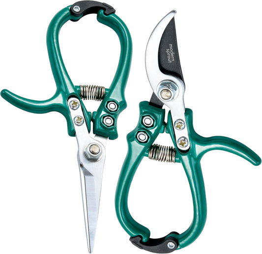 Modern Sprout Hand Pruners & Shears Set - Lightweight Gardening Tools W/Easy Lock - Sharp Carbon Steel Blades -Rust Resistant Scissors for Herbs, Flowers - Reusable Holster - Ocean