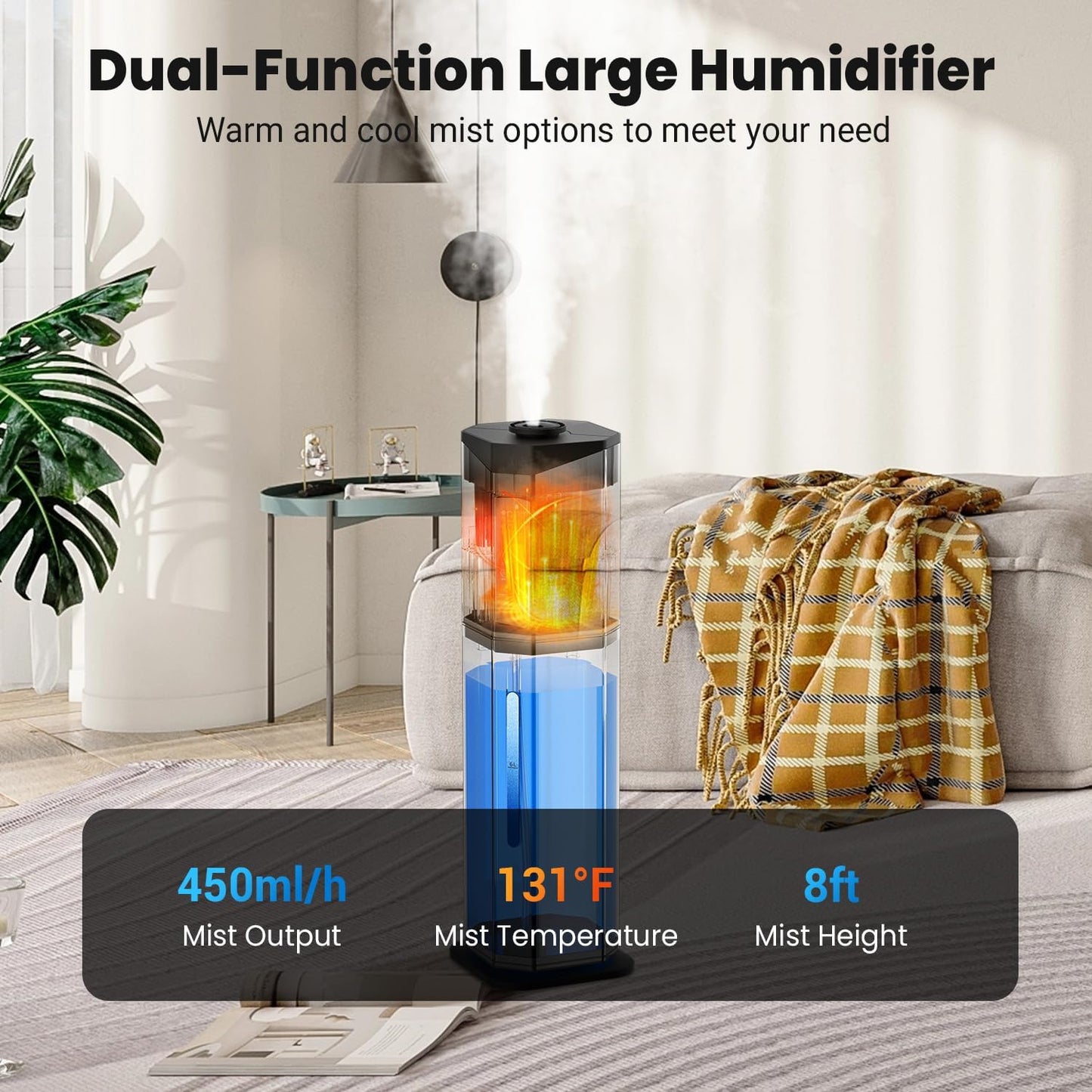 Humidifiers for Bedroom - GloryAir 2.38Gal/9L Top Fill Warm & Cool Mist Humidifier for Large Room 750ft² with Auto Mode 7-Color Light, Humidistat, Quiet Humidifier for Plants Baby Adults Home & Office