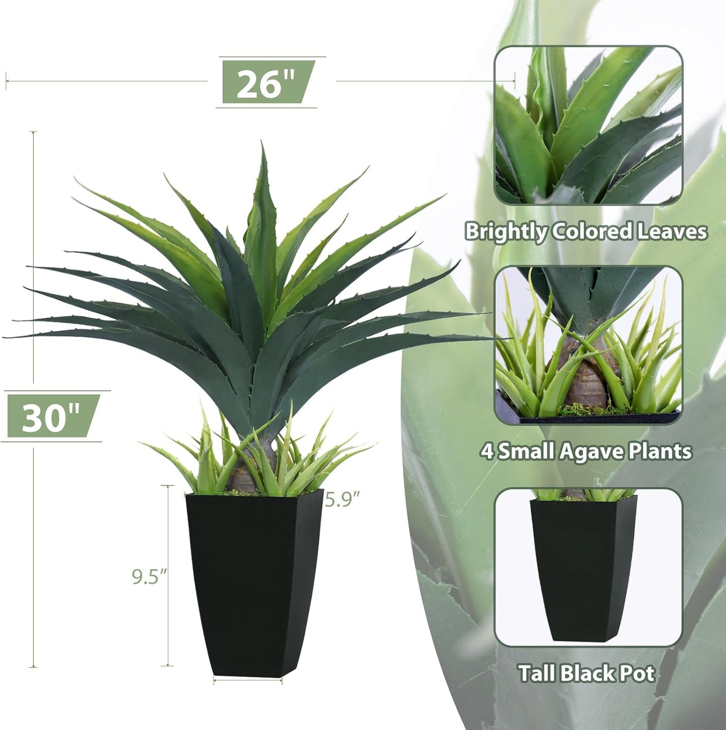 Artificial Spiked Agave Plant 2.5ft, 30 Inch Tall Fake Aloe Vera Plants in Black Pot, Fake Floor Plant Indoor Outdoor for Front Porch Patio Home Office Door Step Decor 1PCS