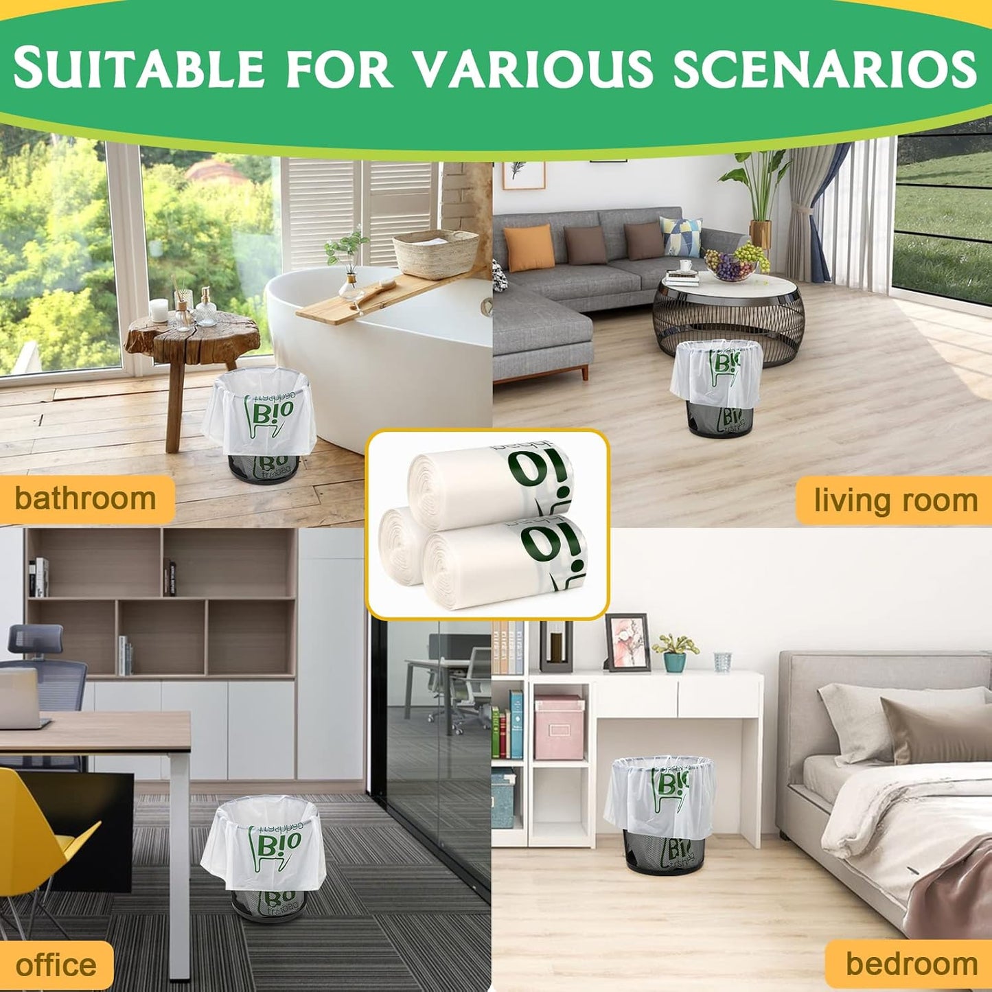 8 Gallon Compostable Trash Bags, 50 Count Flat-Top Trash Bags Biodegradable, Medium Small Food Scrap Waste Bags for Kitchen Bathroom Office Car, Extra Thick Compost Bags White