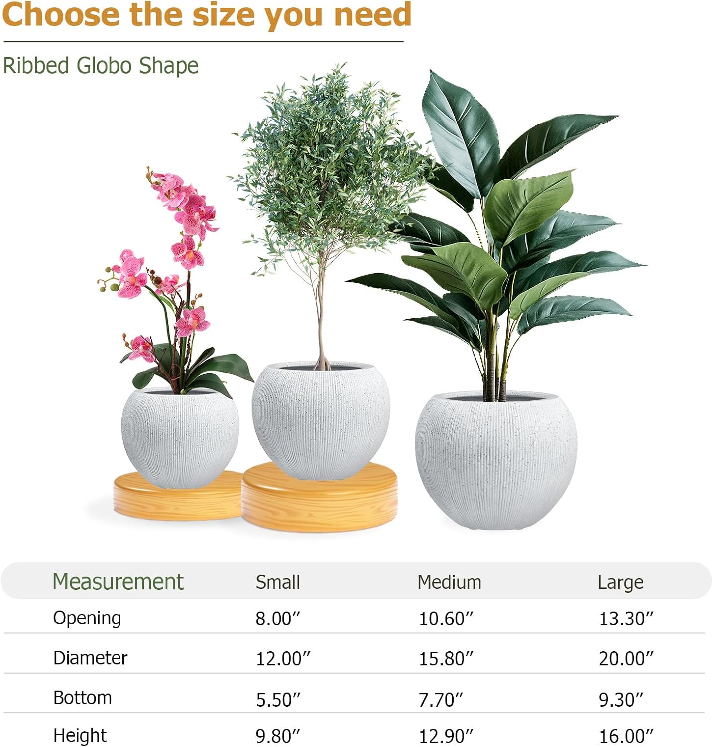 16"H x 20"D Globo Fiberstone Round Planter with Drainage Hole, Weather Resistant, Ribbed Finish, Planters for Indoor Plants & Outdoor, 2 Extra Coco Mats (Speckled White, 13.5" Pot Opening)