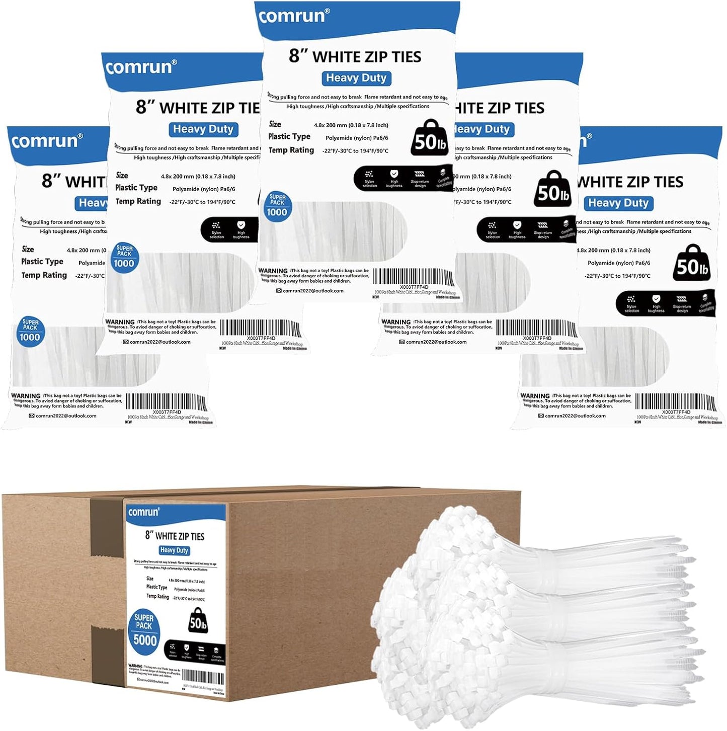 5000pcs 8Inch White Cable Tie,Nylon Zip Ties,Industrial Grade,50 Pounds Tensile Strength,UV Resistant,Heavy Duty,for Home,Garden Trellis,Office,Garage and Workshop