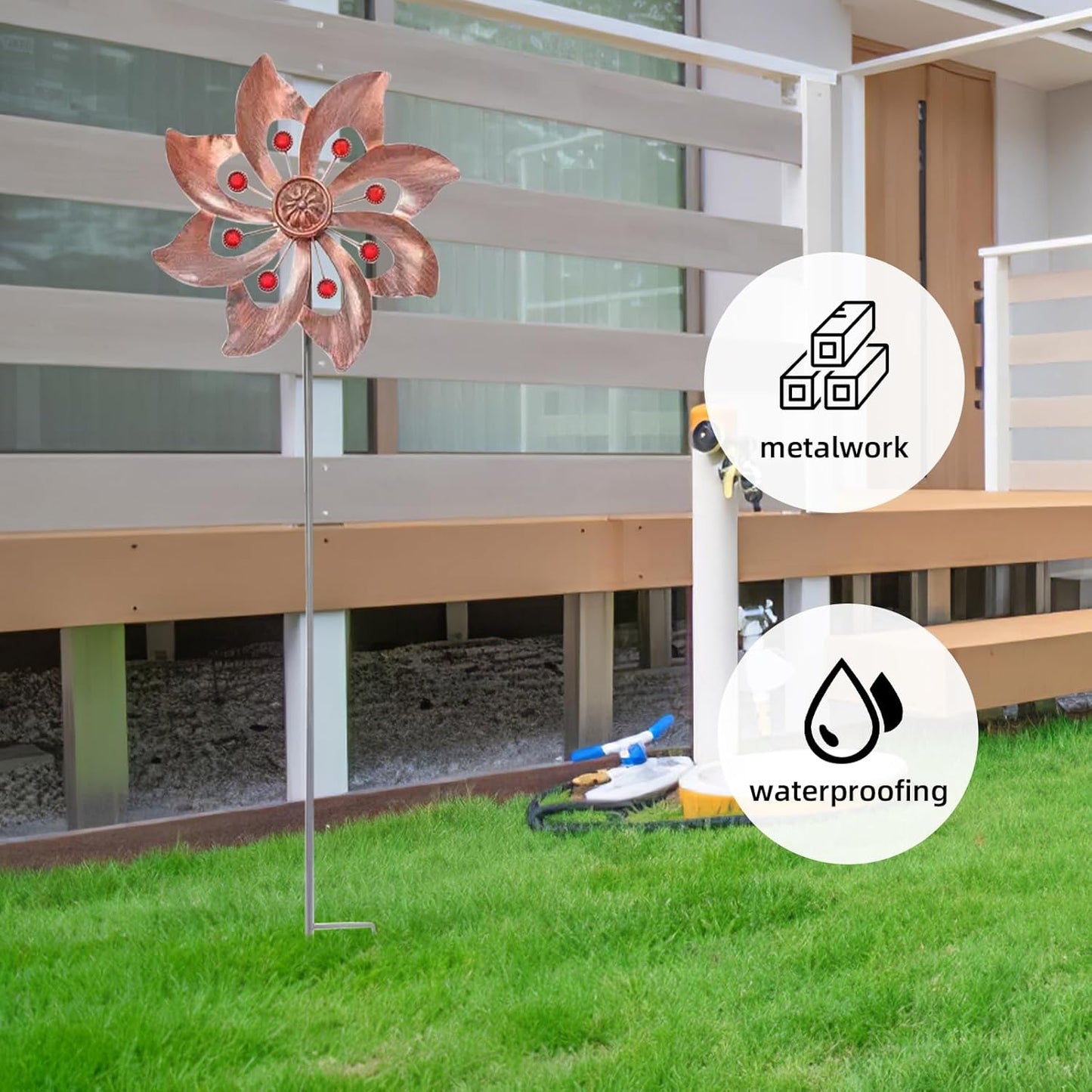 Outdoor Wind Spinner, 37.4 x 9.44 Inch Metal Kinetic Windmill, 360° Waterproof Garden Wind Sculpture Yard Art Decor for Lawn & Patio (Brass)