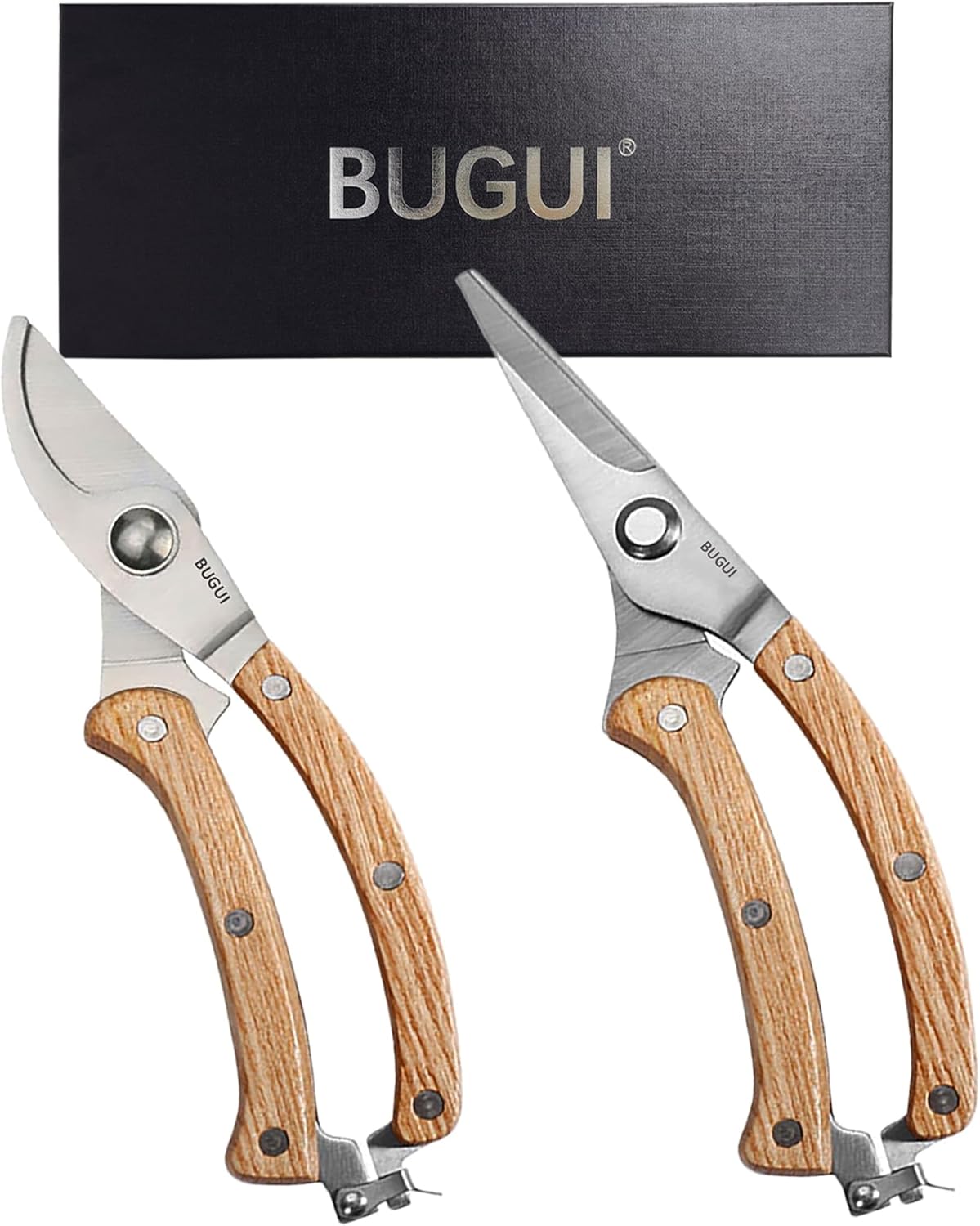 BUGUI 8” Wood Handle Garden Scissors, Set of 2, Includes Bypass Pruning Shears and Long Straight Tip Clippers, Premium Gardening Tools with Precision-Ground SK-5 Steel Blade