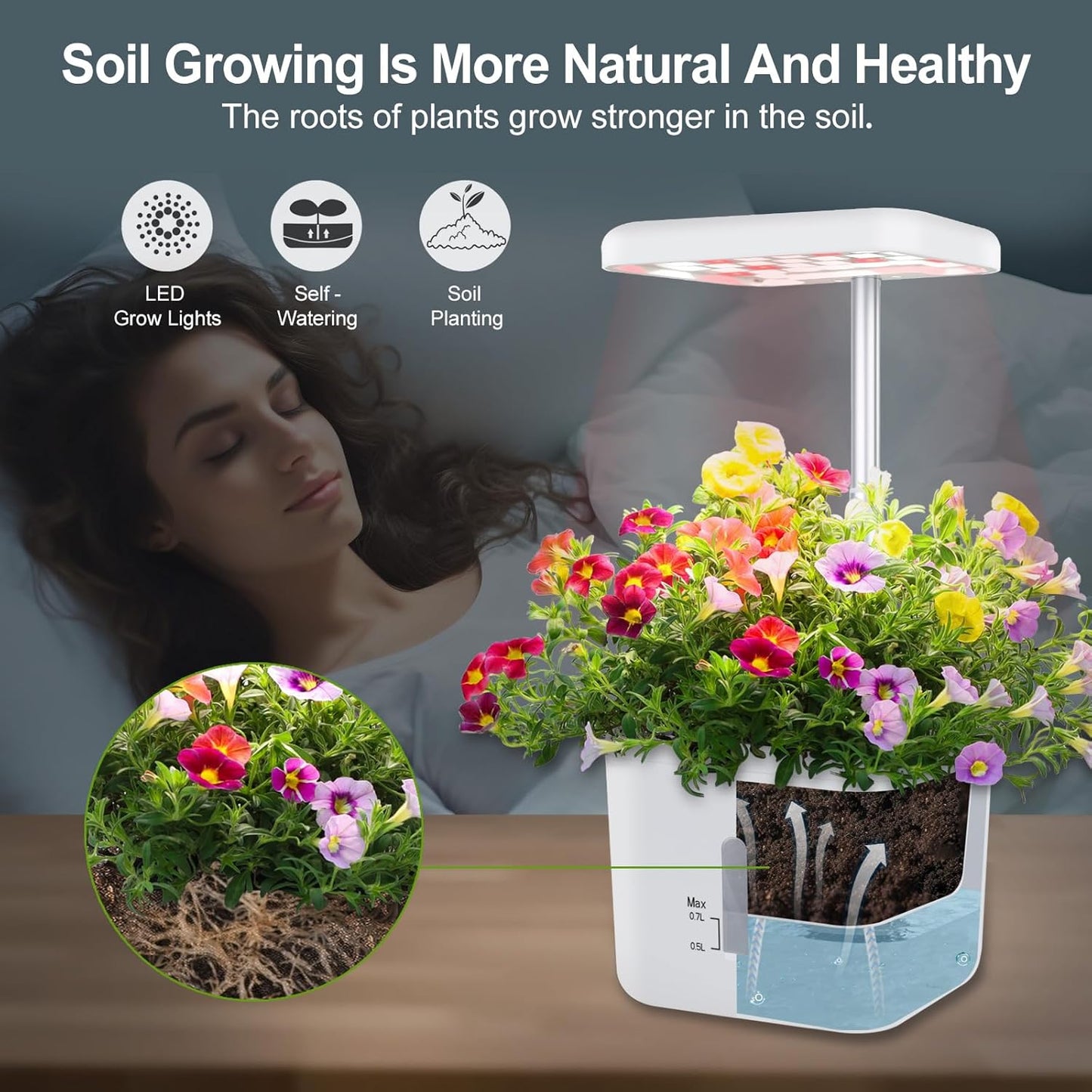 Indoor Garden Planter Growing Systems Soil plant pot indoor Small Smart Soil Gardening System with 17 Watts LED Grow Light Auto Timer Self-Watering Planter Pot Gifts for Mom Women (No Seeds&Soil)