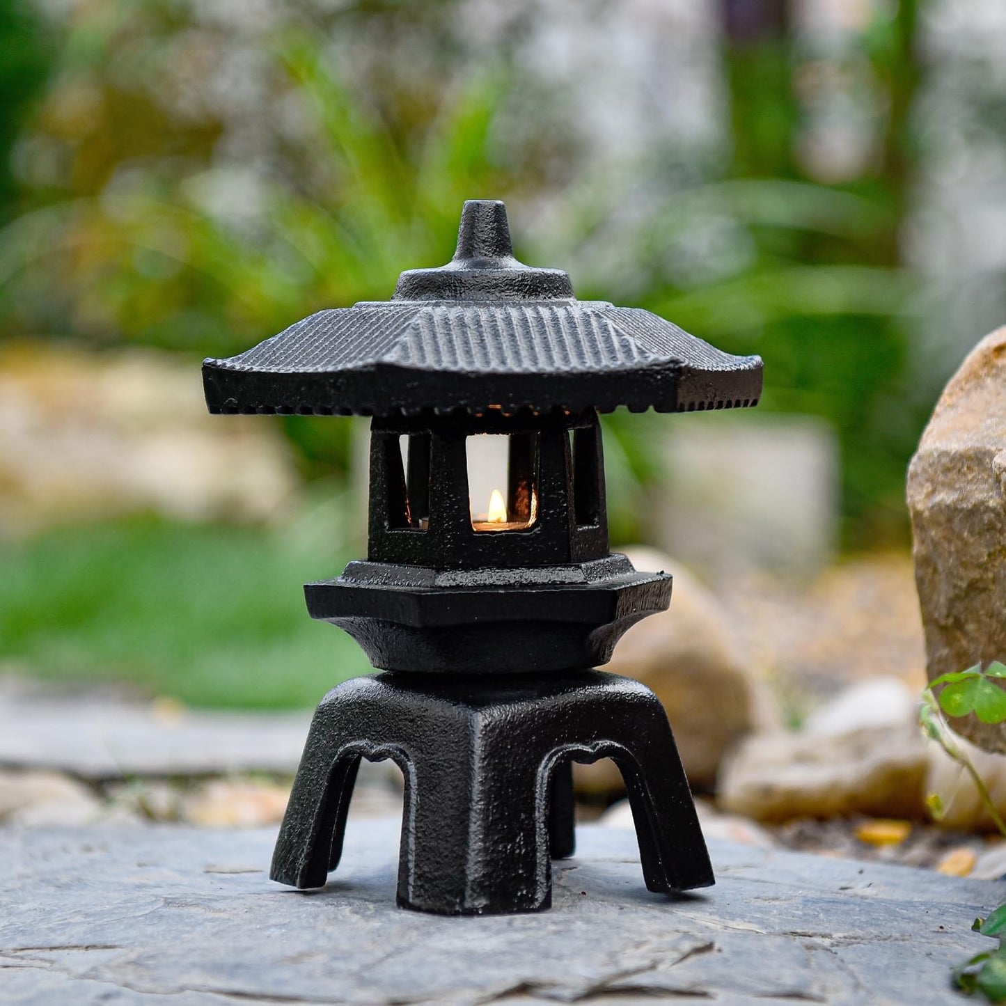 Sungmor Cast Iron Candle Lantern - Japanese Pagoda, Vintage Indoor/Outdoor Zen Garden Decorative Lantern, Heavy Duty Tealight Candle Holder Stand, Rustic Home Decor Patio Yard Art Ornament