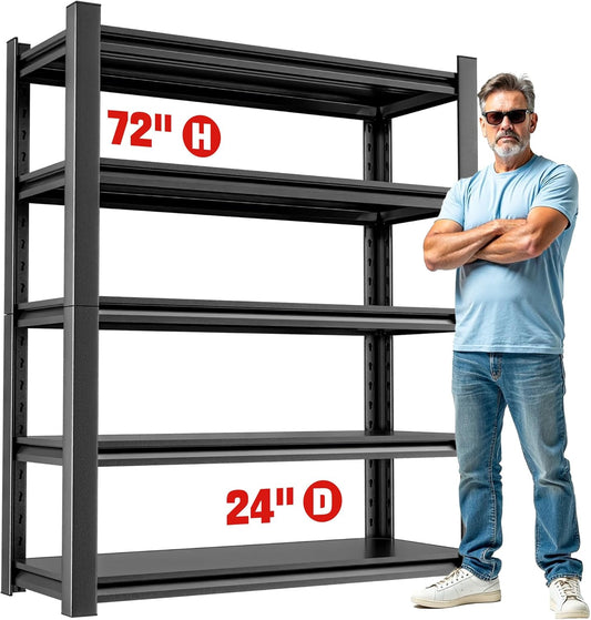 Heavy Duty Metal Storage Rack Shelving for Garage, 5 Tier Shelving Unit - Garage Storage Shelf, Industrial Utility Shelving, Durable Metal Shelf Organizer, Garage Shelving 24"D x48"W x72"H（5 pcs）