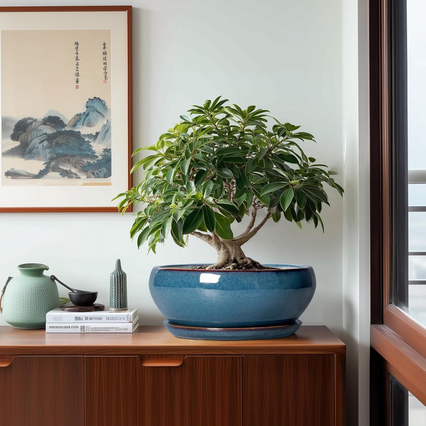 SQOWL Bonsai Tree Pots - 12 Inch Ceramic Succulent Pots, Large Shallow Planter with Drainage Hole and Saucer, Bowl Round Planters for Indoor Outdoor Plants, House Decor, House Warming Gifts, Blue