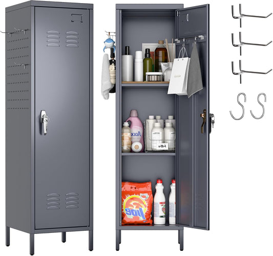 Metal Lockers for Employees with Handle,Metal Storage Locker with 2 Pegboard & 5 Hooks for Gym, School, Office,Home,Garage,Grey