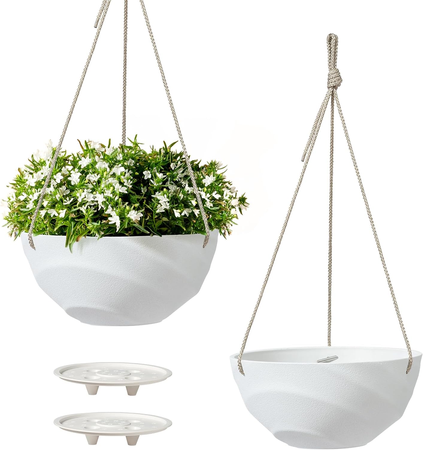 La Jolie Maison 10 Inch Hanging Planters for Indoor Plants, Outdoor Garden Planter Pots with Self-Watering Tray, Eggshell White, Set of 2