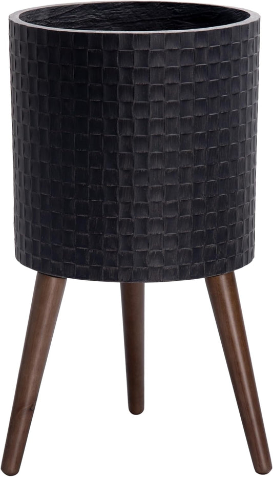 D'vine Dev 12 Inch Modern Geometric Tile Patterned Sleek Planter Pot with Stand, Indoor Outdoor Decorative Plant Holder, Distressed Black, 88-Z-C-5