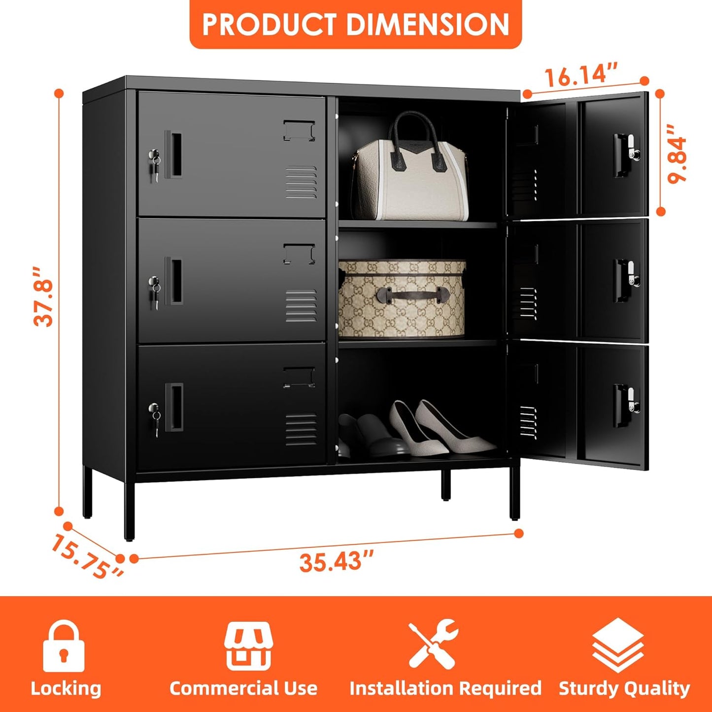 Metal Storage Lockers for Employees,6 Doors Lockable Steel Storage Locker for Office School Gyms Home,Assembly Required,Black
