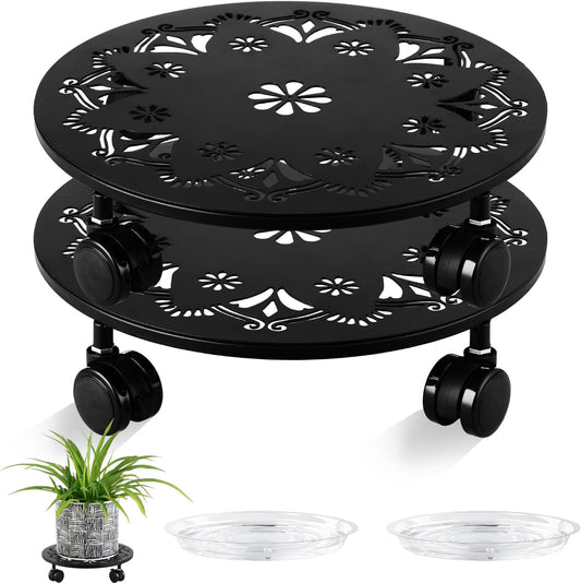 2 Pack Rolling Plant Caddy with Wheels 12 Inch, Plant Rollers with Wheels Metal Plant Caddy with Wheels Heavy Duty Plant Stand for Large Plants, Matte Black Rolling Planter Base, 4 Wheels for Planters