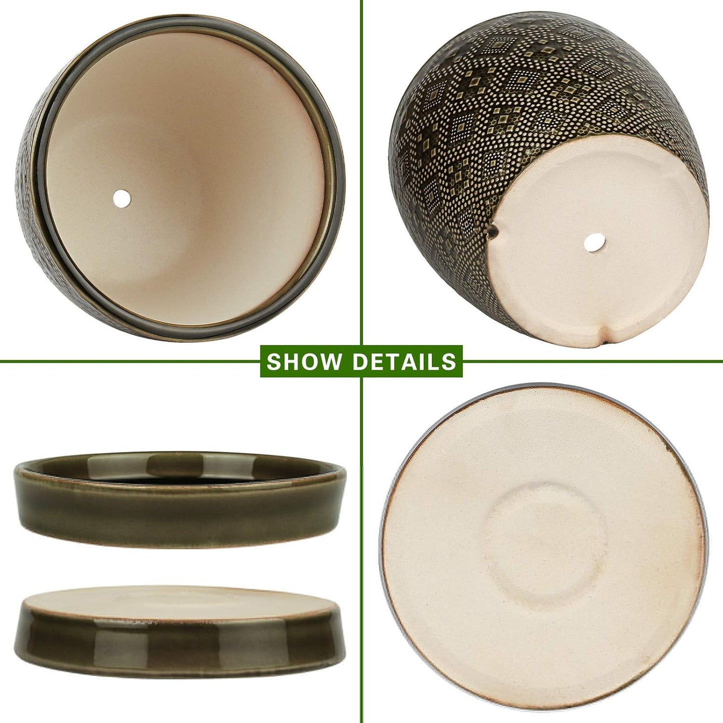 Docrin Ceramic Plant Pots Indoor, 6.6 + 5.5 Inch Planters with Drainage Holes and Saucer for Home/Office - Set of 2 /Dark Green