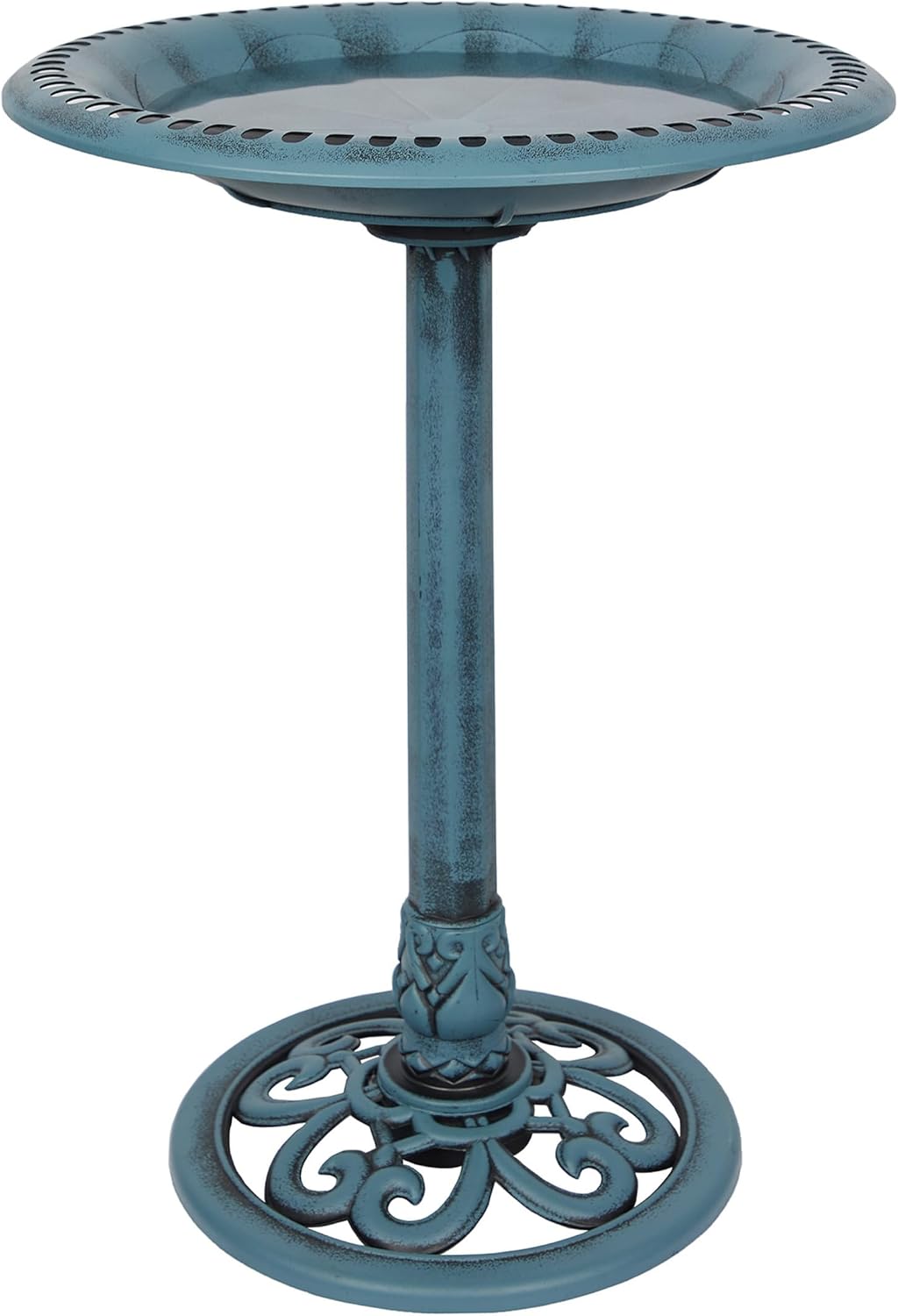 Alpine Corporation TEC116BL Pedestal Birdbath with Scrollwork Base and Ground Stakes, Décor for Lawn & Garden, 21" H, Blue