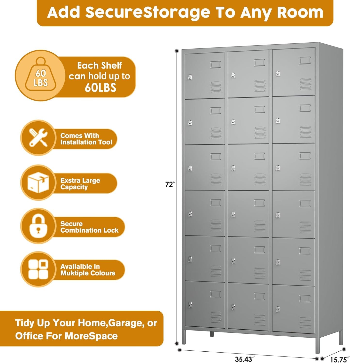 18 Doors Metal Storage Locker with Business Card Holder, 72" H Employees Lockers Storage Cabinet for Home, Office, Gym, School, Assenbly Required, Light Gray