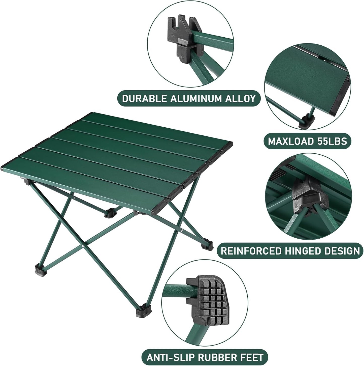 Tesouro Portable Camping Table,Folding Side Table Aluminum Top for Outdoor Cooking, Hiking, Travel, Picnic (Blackish Green-Medium)