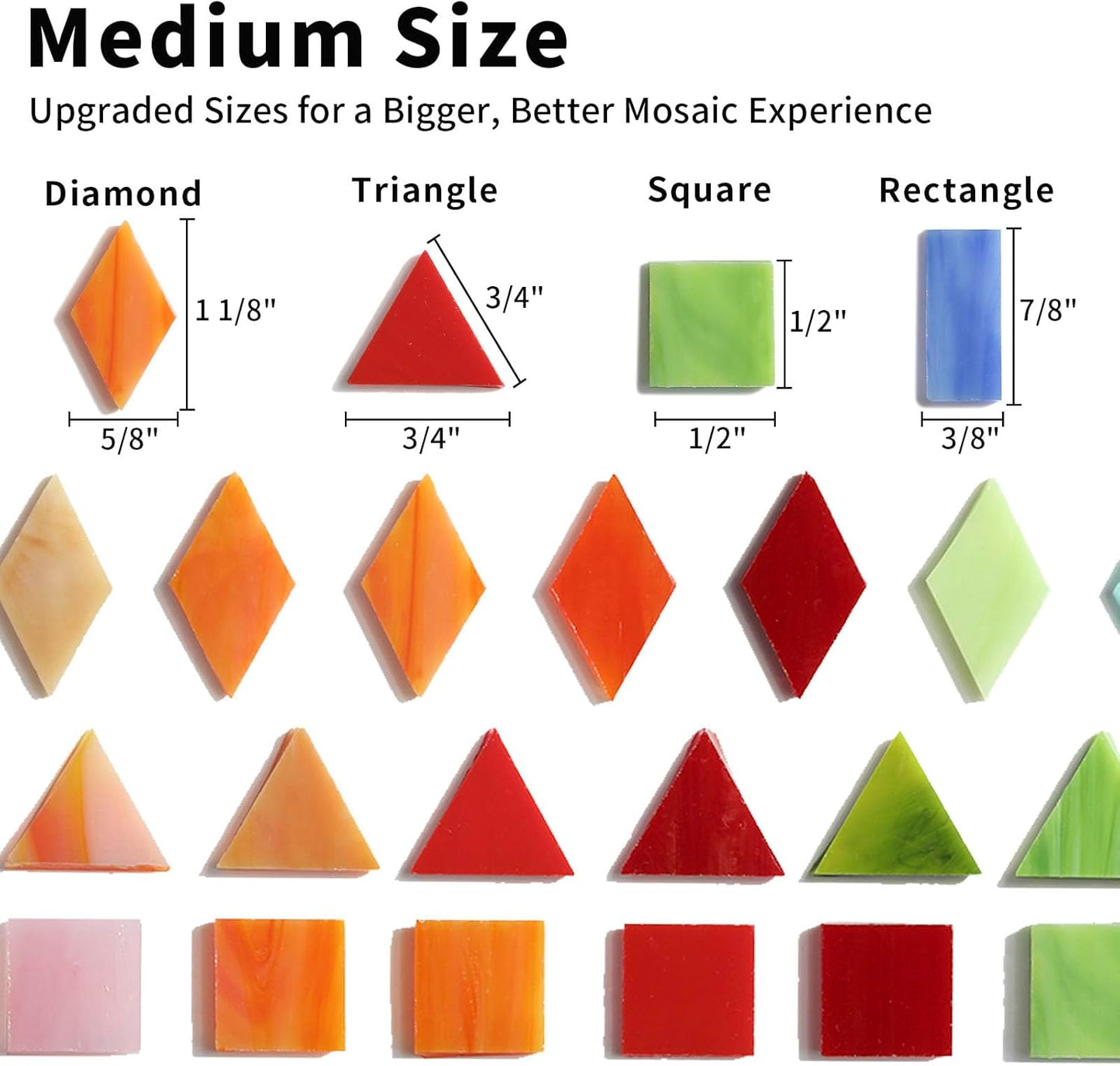 Lanyani Medium Size Glass Mosaic Tiles Pieces 1.3 Pounds Bulk, 400pcs Mixed Vibrant Color Stained Glass Pieces Tile for DIY Crafts Mosaic Making, Pre-Cut Tiles in 4 Shapes