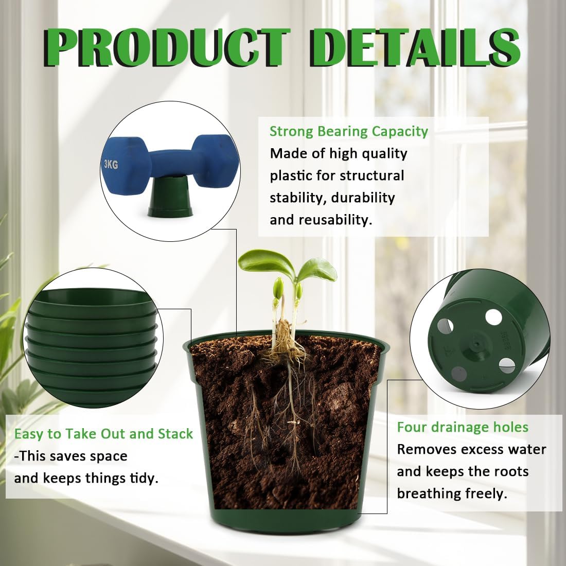 100 Pack 2.5 Inch Small Plant Pots, Plastic Nursery Pots for Plants, Seedling Pots for Planting Seeds, Succulents, Vegetables, Green