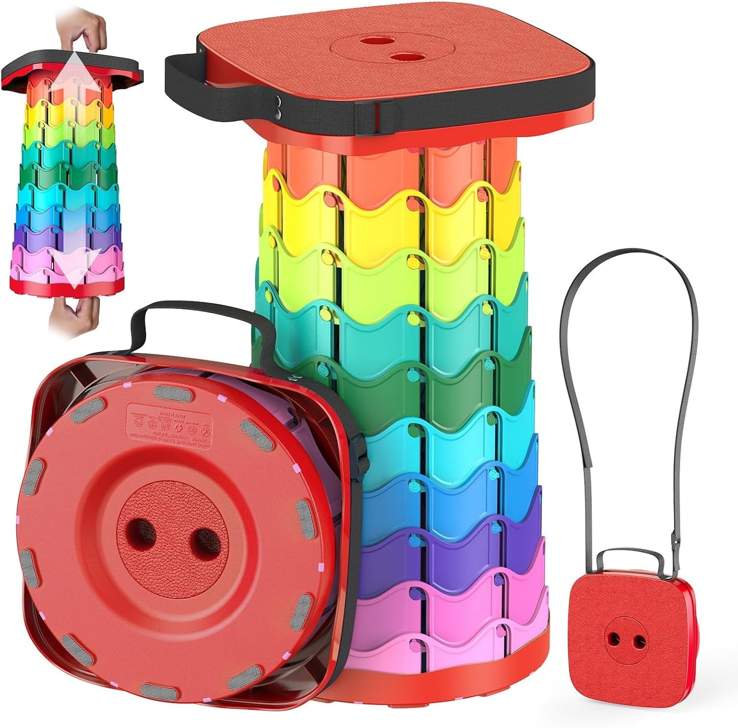 Upgraded Collapsible Stool, Portable Folding Stool, Telescoping Camping Chair with Max Load Capacity 485lbs, Square Retractable Stool for Camping Gardening Fishing Hiking BBQ [Rainbow+Red]