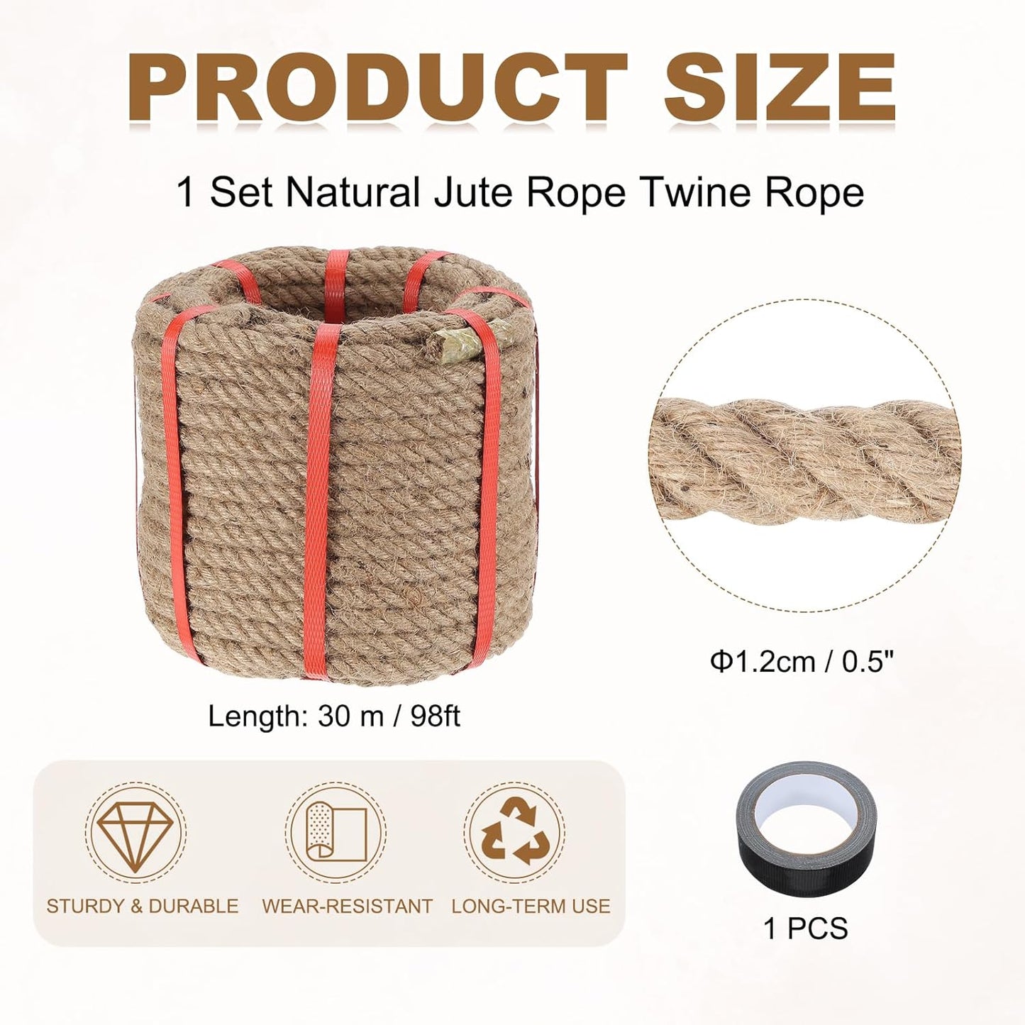 MECCANIXITY Jute Rope 0.5 Inch x 98ft, Thick Twine Rope Ropes Braided Jute Twine Natural Brown Burlap Cord String Heavy Twisted with Tape for Decorative Crafts Railing Swing Tug of War