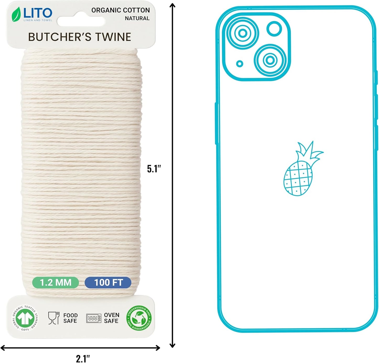Organic Butcher’s Twine 100 Feet for Cooking & Trussing Meat– 1.2mm Heavy Duty Natural Cotton Kitchen String, Food-Safe & Oven-Safe for Turkey, Baking, BBQ & Crafts