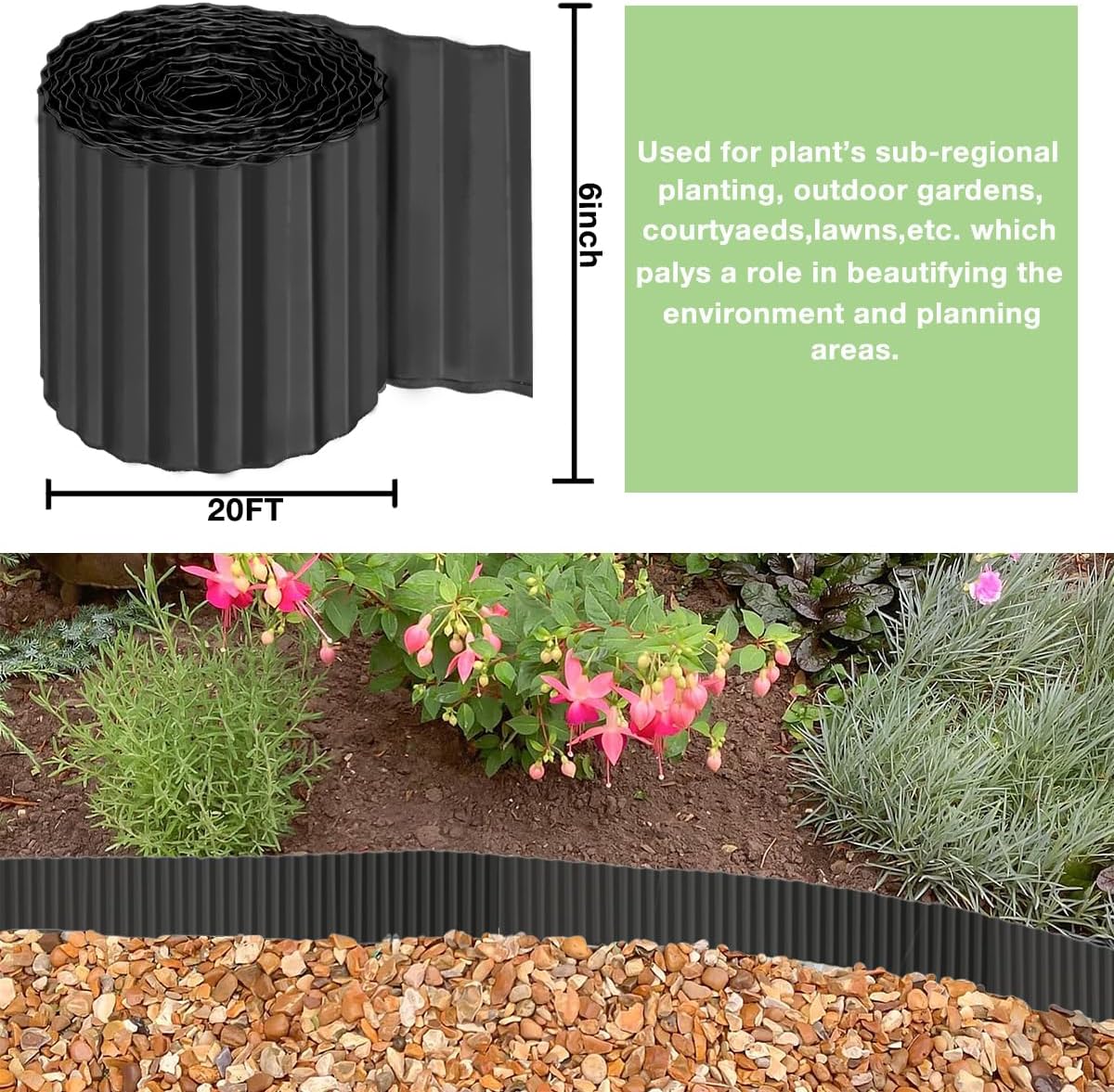 Landscape Edging Border 6inch x 20ft- Corrugated Metal Garden Edging - Lawn Edging Borders - Galvanized Edging Long Strips Yard Border for DIY Flower Beds, Plants, Walkways-Black