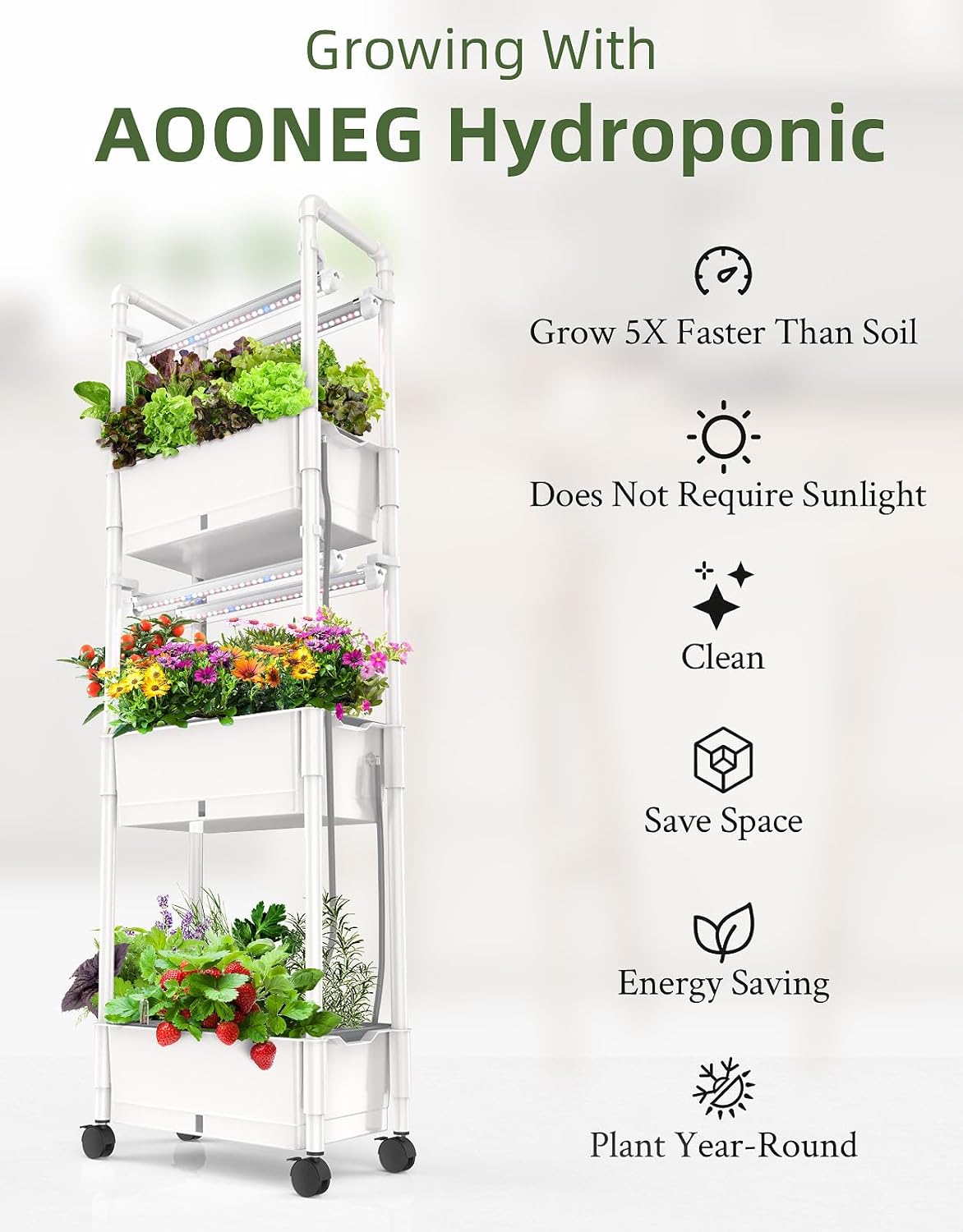 Hydroponics Growing System,AOONEG 42Pods Indoor Herb Garden with LED Grow Light,Hydroponics Growing System Kit with Automatic Timer,Pump System,Adjustable Height (No Seed,Glossy White, 3Layer-42Pods)