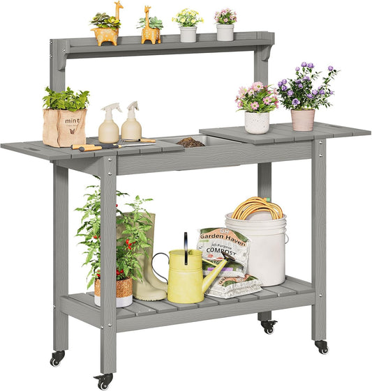HDPS Outdoor Potting Bench with Sliding Tabletop/ 4 Wheels/Removable Sink, All-Weather Outside Garden Work Table, No Rust/Fade/Break, Potting Station for Porch, Patio & Backyard (Grey)