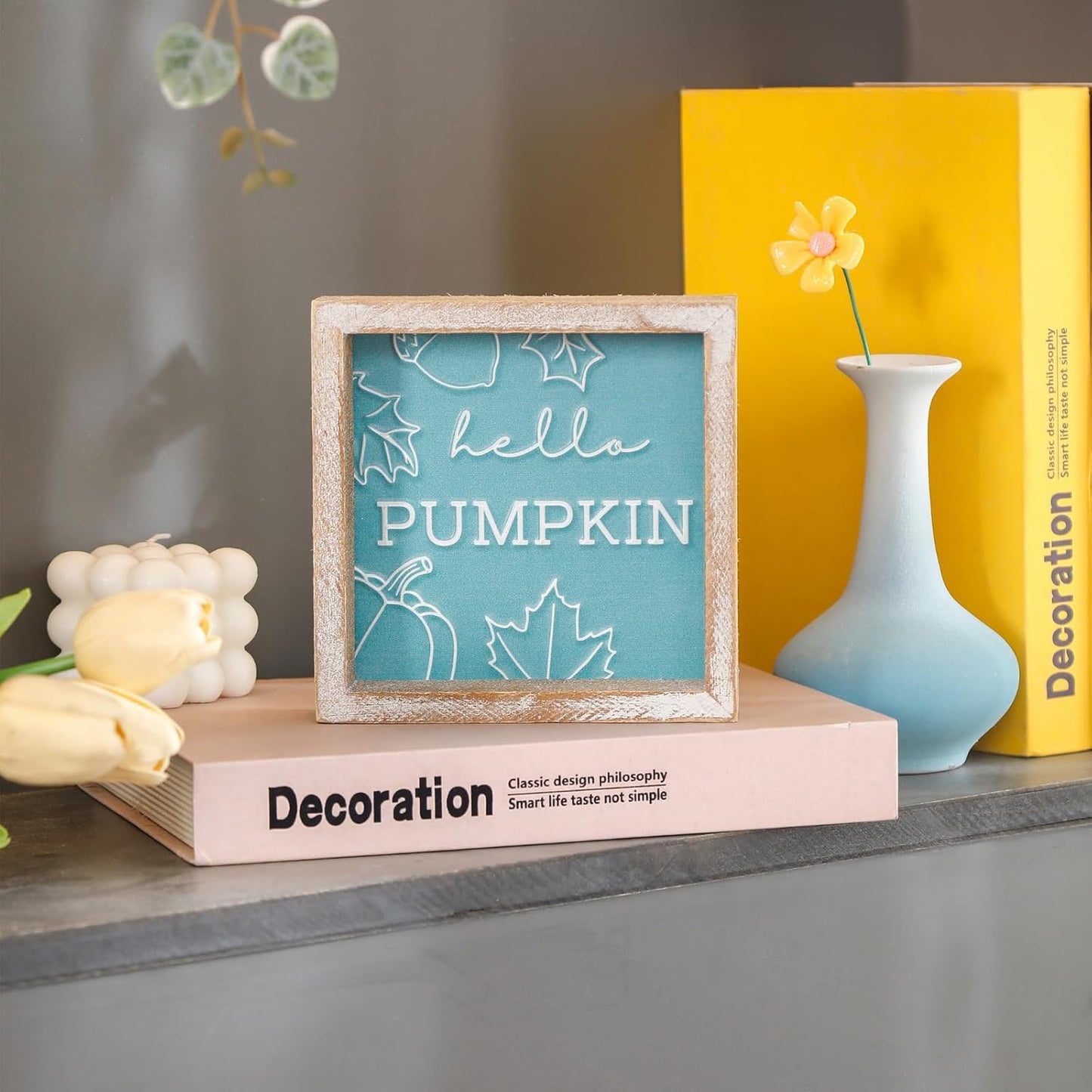 Embossed Hello Pumpkin Sign, Rustic Fall Decorations for Home, Thanksgiving Centerpieces for Table Cubicle Desk Mantel Fireplace, Autumn Tiered Tray Decor