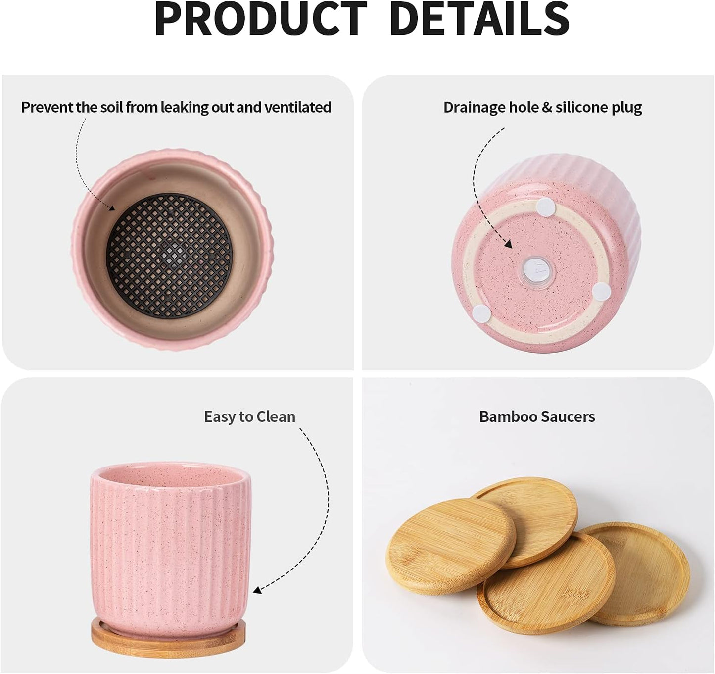 OMAYKEY 4 Inch Ceramic Plant Pot with Saucer, Adorable Stripe Multicolor Small Planters Pots with Drainage Hole & Mesh Pads for Succulent, Snake Plants, Cactus, Herbs - Set of 4