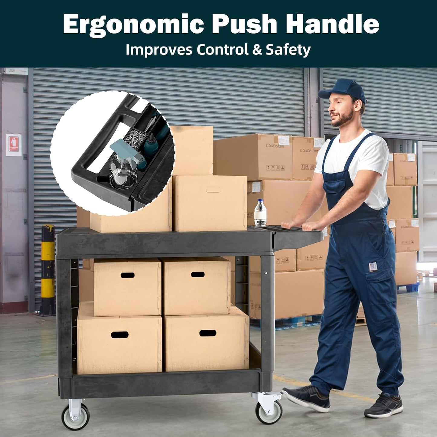 Flat Top Utility Cart Heavy Duty Flat 2 Shelf Multipurpose Cart 550LBS Capacity Service Cart with Ergonomic Handle Rolling Utility Carts with Wheels for Warehouse Garage Office Storage Transport