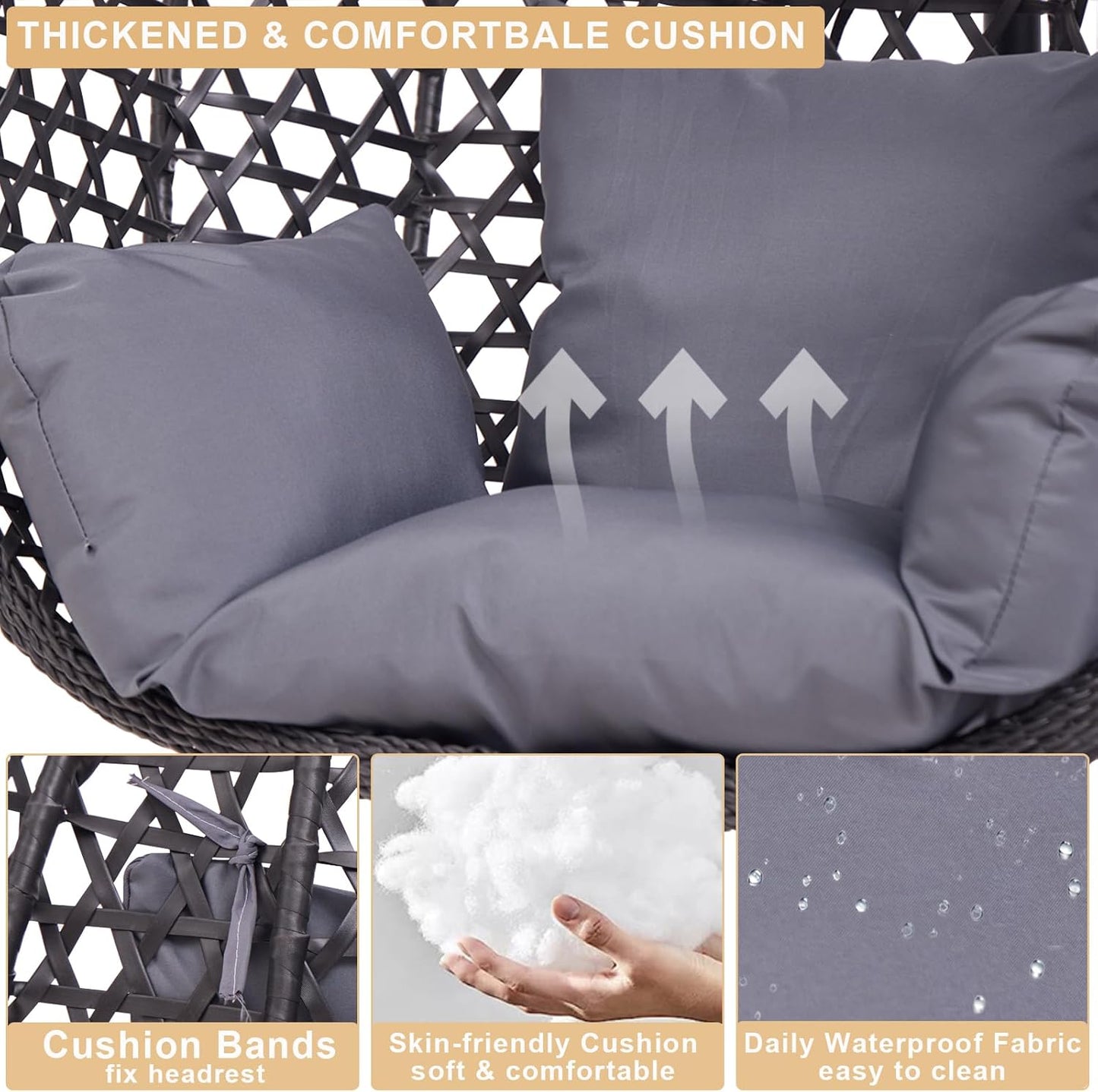 Indoor Hanging Chair with Stand for Bedroom, Hexagon Rattan Wicker Swing Egg Chair for Bedroom Porch Garden Patio Outdoor, Hammock Egg Swing Chair with Cushion,350LBS Capacity(Dark Grey)