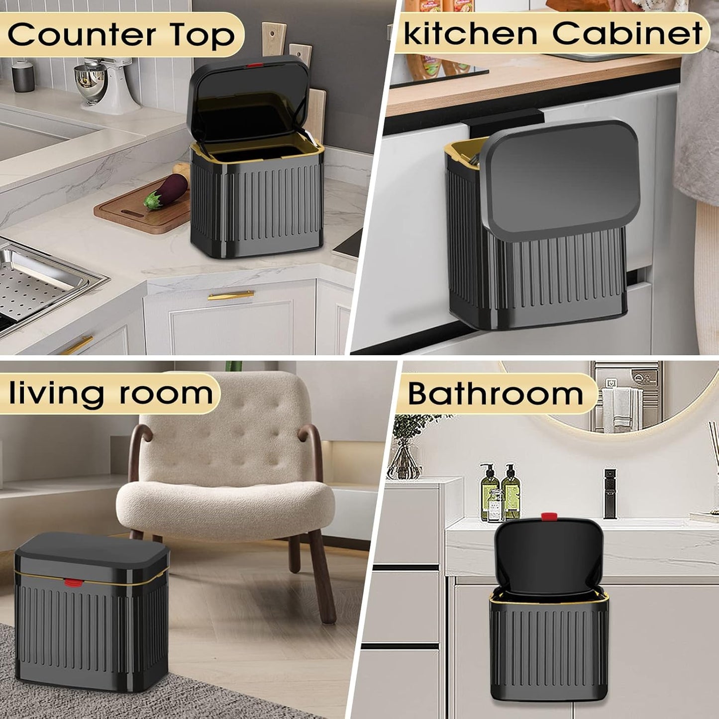 GloDeals Kitchen Trash Can for Counter Top or Under Sink, 1.05 Gallon Stainless Steel Small Compost Bin, Wall Mount Compost bin with Lid for Kitchen, Cabinet Trash Can Hanging (Black)